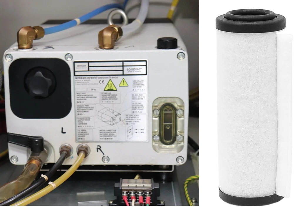 Drehschieber-Vakuumpumpe einer CO2-Laseranlage mit Ölschauglas, daneben die Abgasfilterpatrone